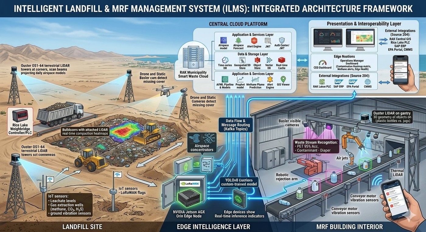 ILMS Integrated Architecture Framework — Landfill, Edge Intelligence, MRF, Cloud Platform