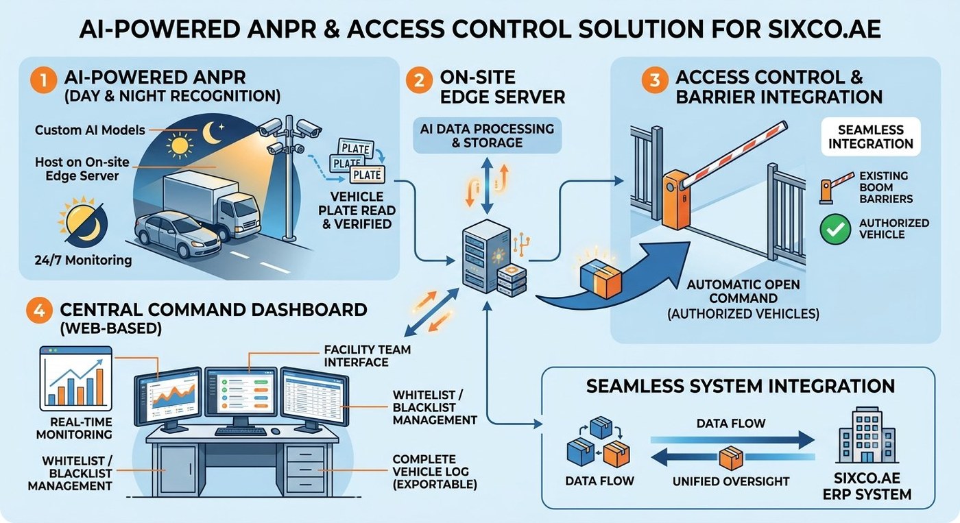 AI-Powered ANPR & Access Control — Vehicle recognition, boom barriers, command dashboard
